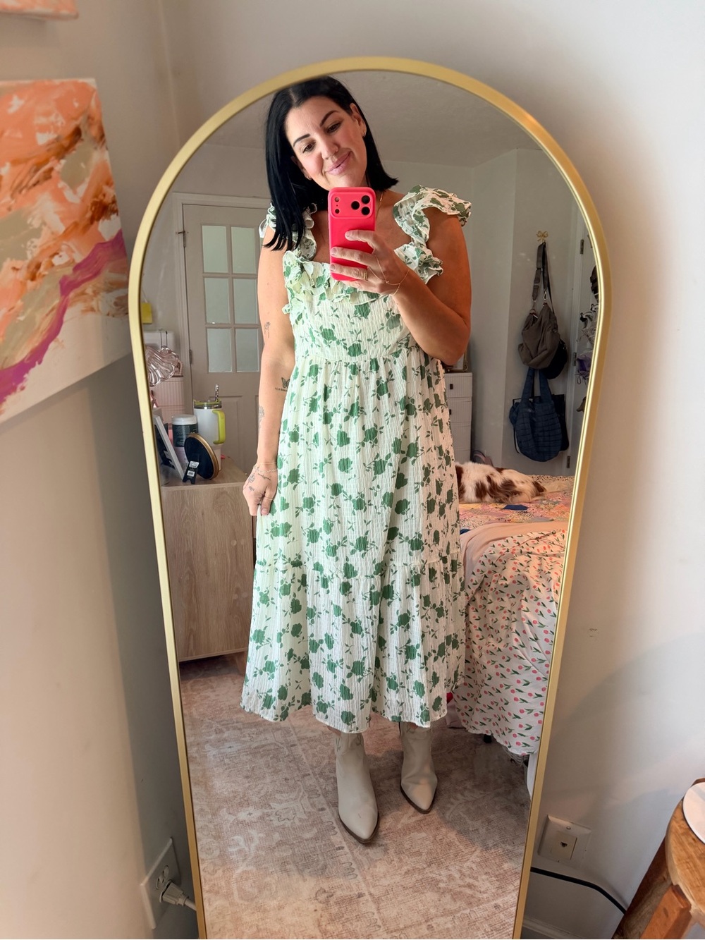 ARULA Green Floral Midi Dress with Ruffle Sleeves